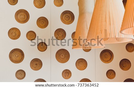 Modern interior panels in coffee shop, cafe or restaurant. White wall with brown craft circles background.