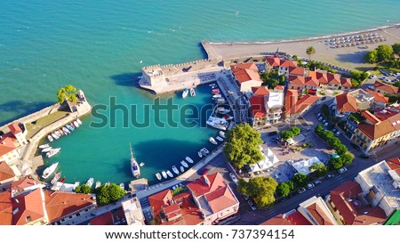 Aerial birds eye view photo taken by drone of picturesque port of Nafpaktos, Aitoloakarnania, Greece
