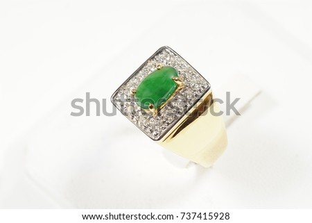 High Value Gems Stone accessories, Gold, Diamond, Jade Emerald ring. Studio lighting white background, HDR stacking macro photo