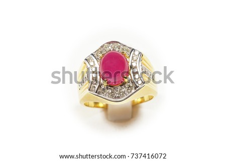 High Value Gems Stone accessories, Gold, Diamond, Ruby ring on holder. Studio lighting white background, HDR stacking macro photo