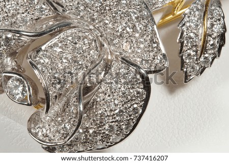 High Value Gems Stone accessories, Gold, Diamond, Rose leaf shape pendant. Studio lighting white background, HDR stacking macro photo