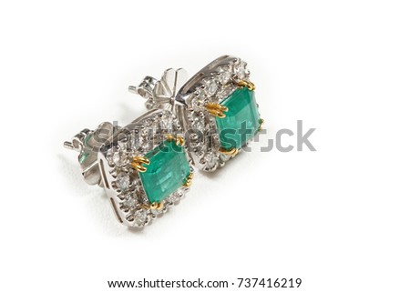 High Value Gems Stone accessories, Gold, Diamond, Emerald Jade earrings pair. Studio lighting white background, HDR stacking macro photo
