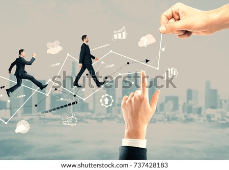 Hands pointing at abstract sketch on city background. Forward concept