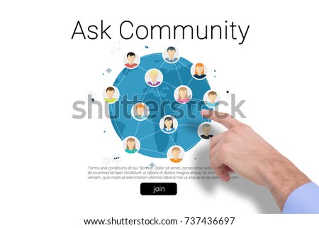 Hand of a businessman pointing something against human representations with ask community text
