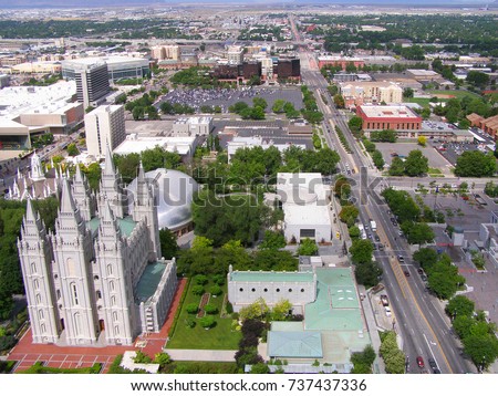 Salt Lake City skyline with mormon temple. Temple of the Church of Jesus Christ of Latter-day Saints in Salt Lake City, Utah from the height of the aircraft.