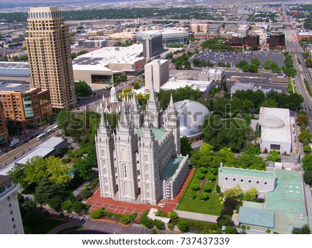 Salt Lake City skyline with mormon temple. Temple of the Church of Jesus Christ of Latter-day Saints in Salt Lake City, Utah from the height of the aircraft.