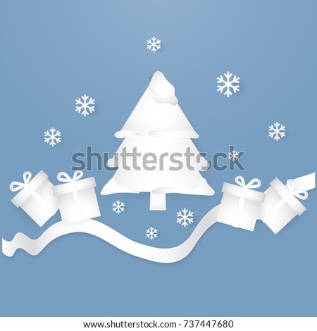 Winter illustration with tree and snow using paper art and craft style