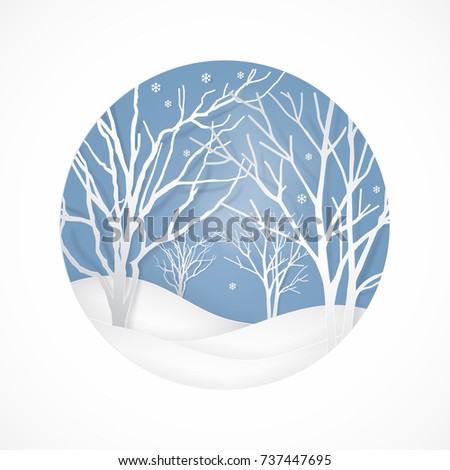 Winter illustration with trees and snow using paper art and craft style