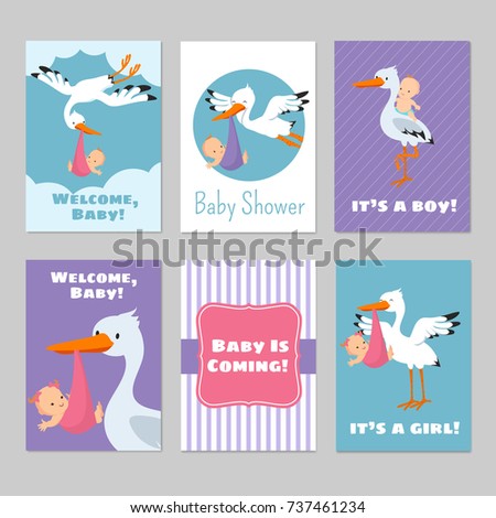 Baby shower invitations vector cards with stork and baby. Arrival boy or girl illustration