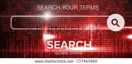 Digital composite image of search engine logo against blue technology interface with binary code