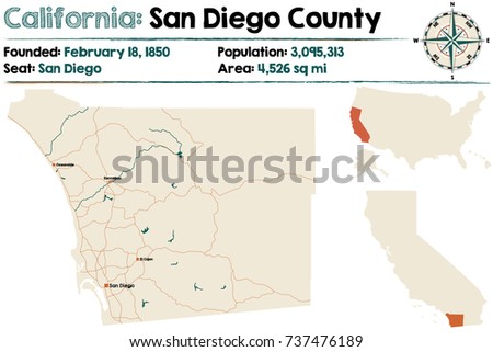 Large and detailed map of California - San Diego county Royalty-Free Stock Photo #737476189