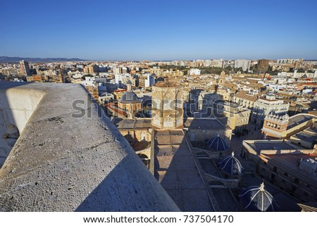 Elevated view of the old city of Valencia in Spain under blue skies