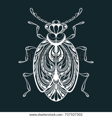 Beetle with swirling decorative ornament. 