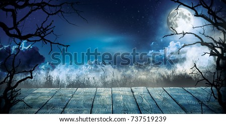 Spooky horror background with empty wooden planks, dark scary background. Celebration of halloween theme, copyspace for text. Ideal for product placement