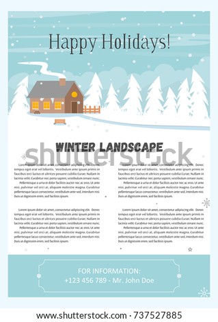 Vector Illustration of winter landscape background with pines, house and snowflakes