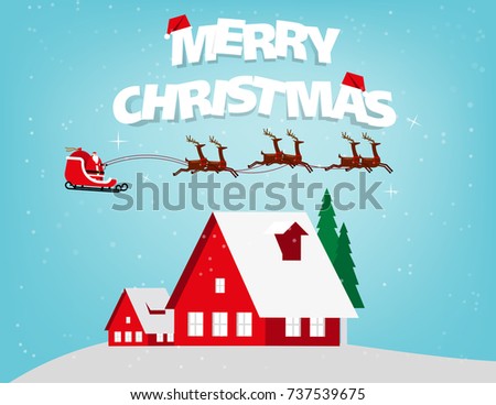 Merry Christmas. Santa Claus flying on the sky coming to urban land scape city village and snow in the winter season. Concept holiday vector illustration. Paper art style.