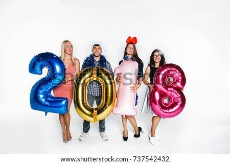 New 2017 Year is coming! Christmas party. Happy smiling people holding number balloons, 2018 year symbol. Greeting card for co-workers mockup .