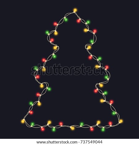 Glowing string light bulb garland in Christmas fir tree shape isolated on black background. Light bulb decor. Realistic New Year party decorations with transparency. Glowing light for card design