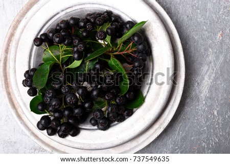 Chokeberry in silver metal bowl on grey background. Aronia berry with leaf. Top view. Copy space
