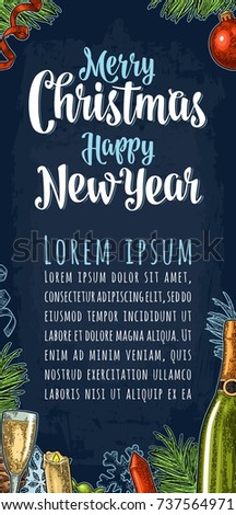 Merry Christmas Happy New Year calligraphy lettering and champagne glass, bottle, serpentine, rocket, snowflake, pine cone, candle, toy, fir branch. Vector vintage color engraving on dark blue fond