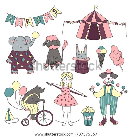 Traveling chapiteau circus. Set of circus performers, trained animals and circus props. Vector illustration on white background.