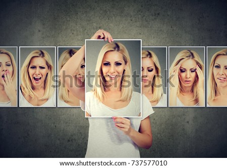 Masked blonde woman expressing different emotions Royalty-Free Stock Photo #737577010