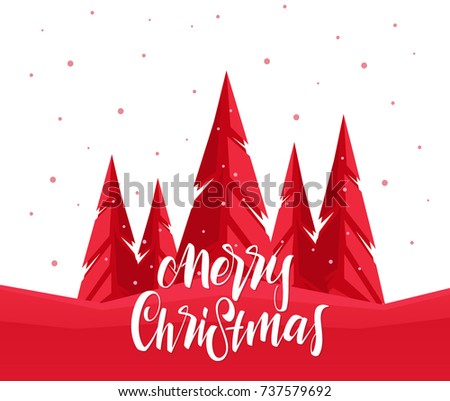 Vector Greeting Card with handwritten lettering of Merry Christmas and pine forest.