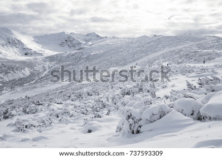 Beautiful winter mountain view trough Musala peak, Rila mountain, Bulgaria