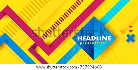 Headline presentation abstract yellow. Vector abstract background texture design, bright poster, banner yellow background, pink and blue stripes and shapes. Hipster modern geometric abstract.  Royalty-Free Stock Photo #737594668