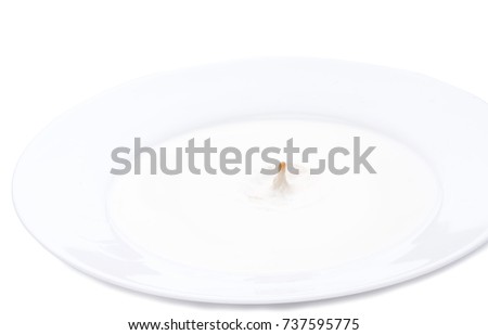 Milk splash from a drop of cocoa falling into a plate with milk. Horizontal close-up image, isolated over white