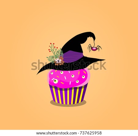 Cute halloween cupcake with purple cream, witch hat and monster eyes isolated on orange background. Vector illustration, clip art.