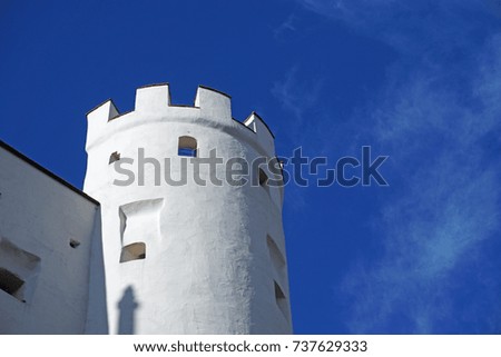 Top of the traditional Bavarian castle with blue sky background in Fussen old town, Germany.