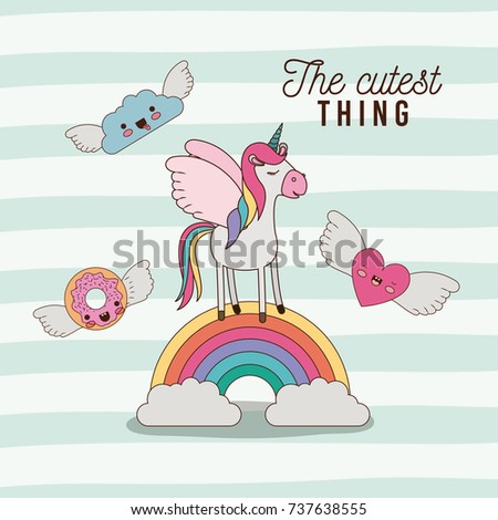 the cutest thing poster with unicorn over rainbow with cloud and heart and donut with wings and lines colorful background vector illustration