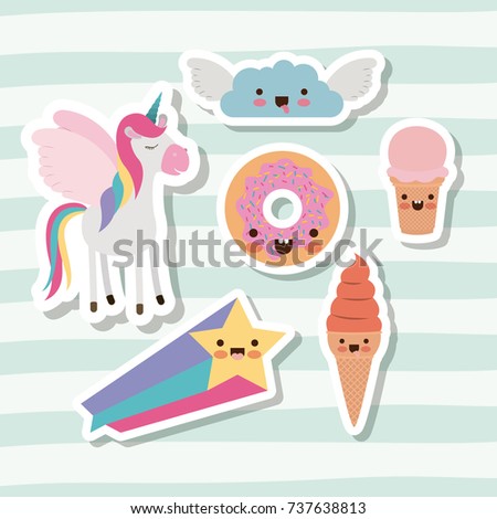 cute set fantasy elements unicorn cloud with wings star and donut and ice cream cone with lines colorful background vector illustration