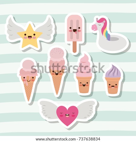 cute set of ice creams and star and heart with wings and unicorn inflatable toy with lines colorful background vector illustration