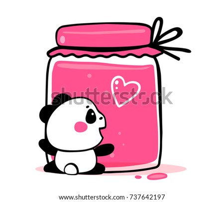 Vector illustration of lovely cartoon black and white panda with big pink jam jar on white background. Happy cute panda hugs jar with jam. Flat line art style design for poster, greeting card, print