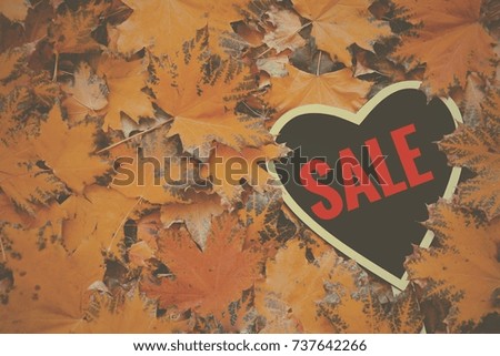 Black sale tag on leaves background.Black Friday concept. Heart price tag autumn leaves background