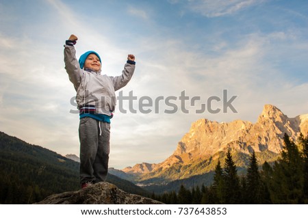 a child conquers the summit, loose his proud arms, in the background the Alps Royalty-Free Stock Photo #737643853