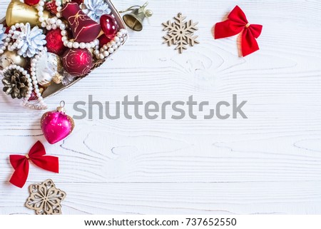 christmas decorations on a wooden background frame