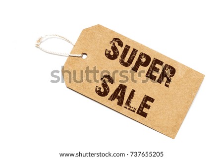 a brown paper label with the text  super sale written in it against a white   background.