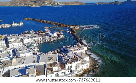 Aerial birds eye view photo taken by drone of iconic and picturesque port of Naousa, Paros island, Cyclades, Greece