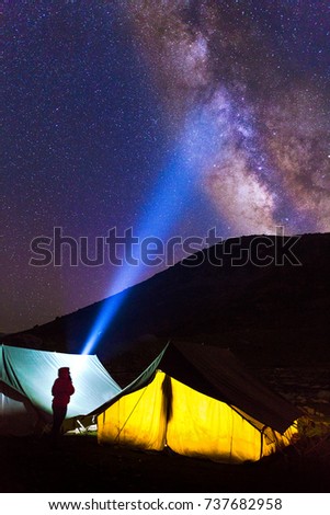 Milky way galaxy as seen from Gangabal Campsite on the Kashmir great lakes trek at Sonamarg, Jammu and Kashmir, India. Sky full of Stars, Astronomy, Astro photography, Camping under the stars,Space