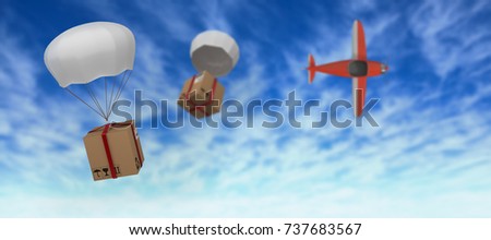 Graphic image of 3D parachute carrying parcel against view of the blue sky