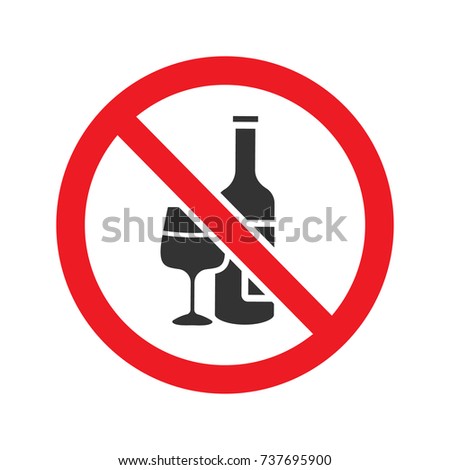 Forbidden sign with wine bottle and glass glyph icon. Stop silhouette symbol. No alcohol prohibition. Negative space. Vector isolated illustration