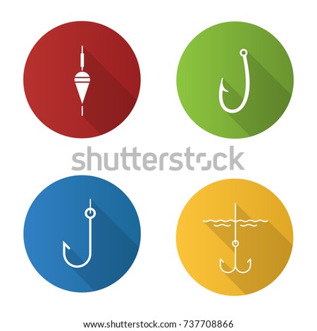 Fishing flat design long shadow glyph icons set. Fishing float and hooks. Vector silhouette illustration