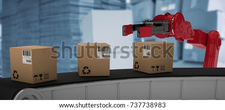 Cardboard boxes on 3D production line against red car