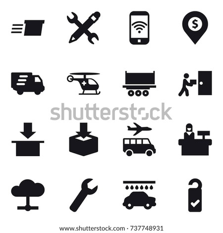 16 vector icon set : delivery, pencil wrench, phone wireless, dollar pin, transfer, reception, wrench, car wash, please clean