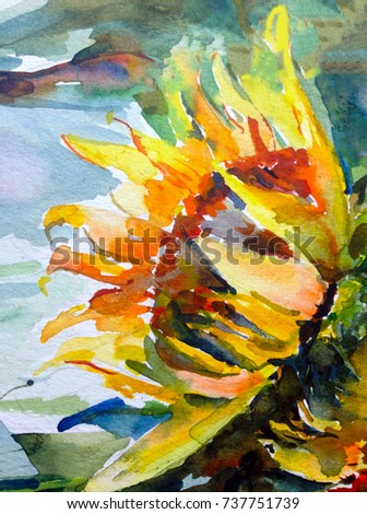 watercolor art abstract background floral flowers orange red yellow sunflower wet wash textured blurred strokes handmade nature fresh design decoration beautiful vivid colorful vibrant