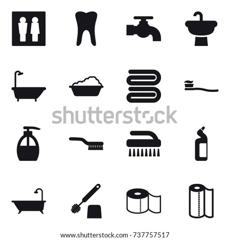 16 vector icon set : wc, water tap, bath, washing, towel, tooth brush, liquid soap, brush, toilet cleanser, toilet brush, toilet paper, paper towel