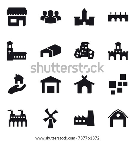 16 vector icon set : shop, group, castle, bridge, church, warehouse, modern architecture, fort, real estate, bungalow, windmill, factory, barn